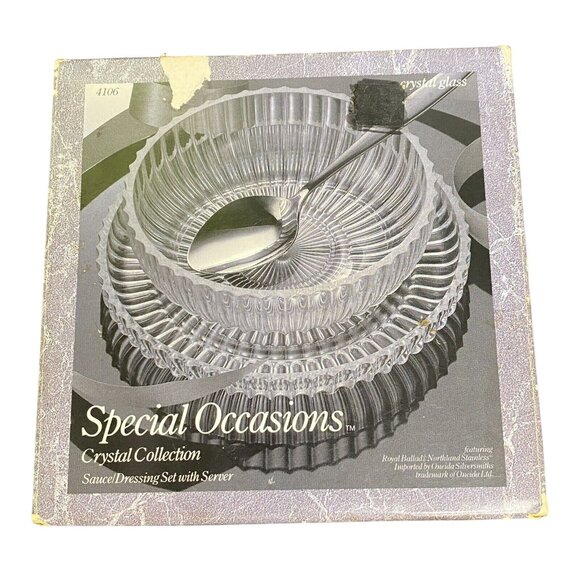 American Indiana Glass Clear Crystal Sauce Dressing Set with Stainless Server - Picture 5 of 5